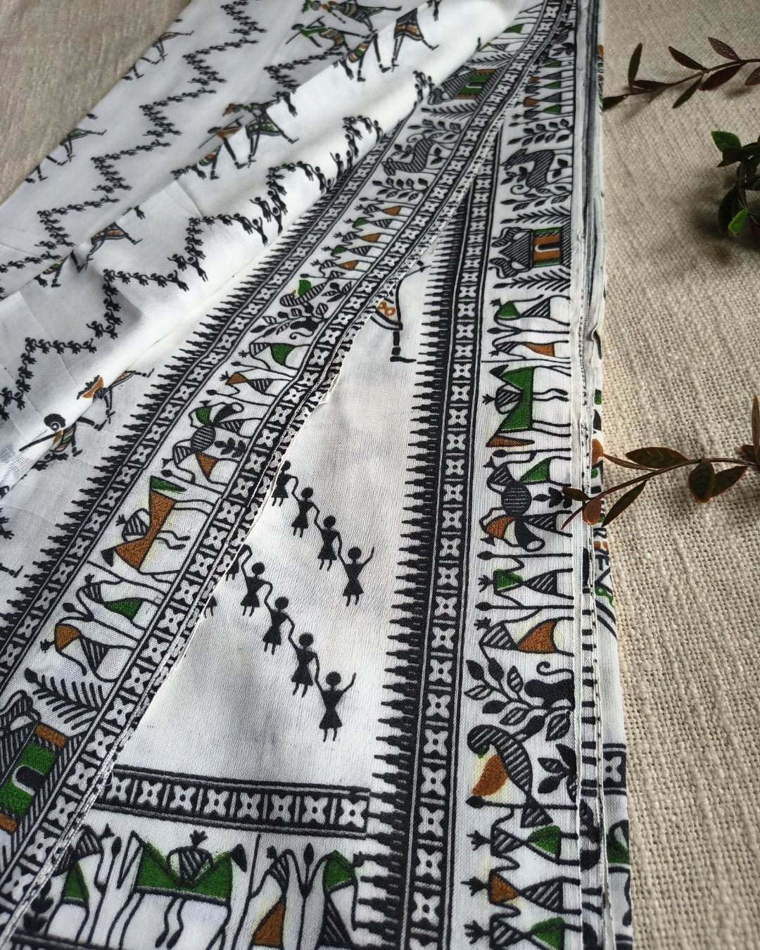 Khadi Cotton Handloom Saree - Madhubani Design - White