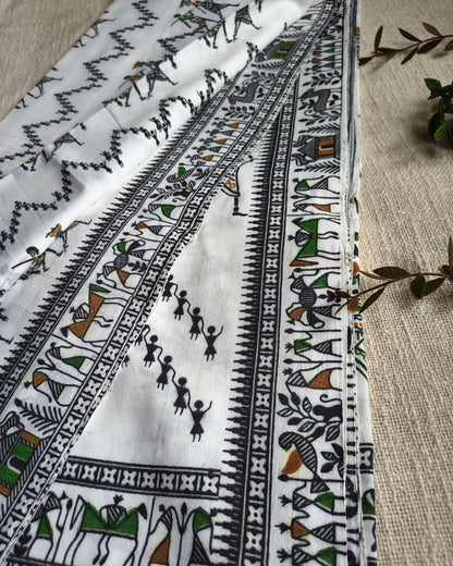 Khadi Cotton Handloom Saree - Madhubani Design - White