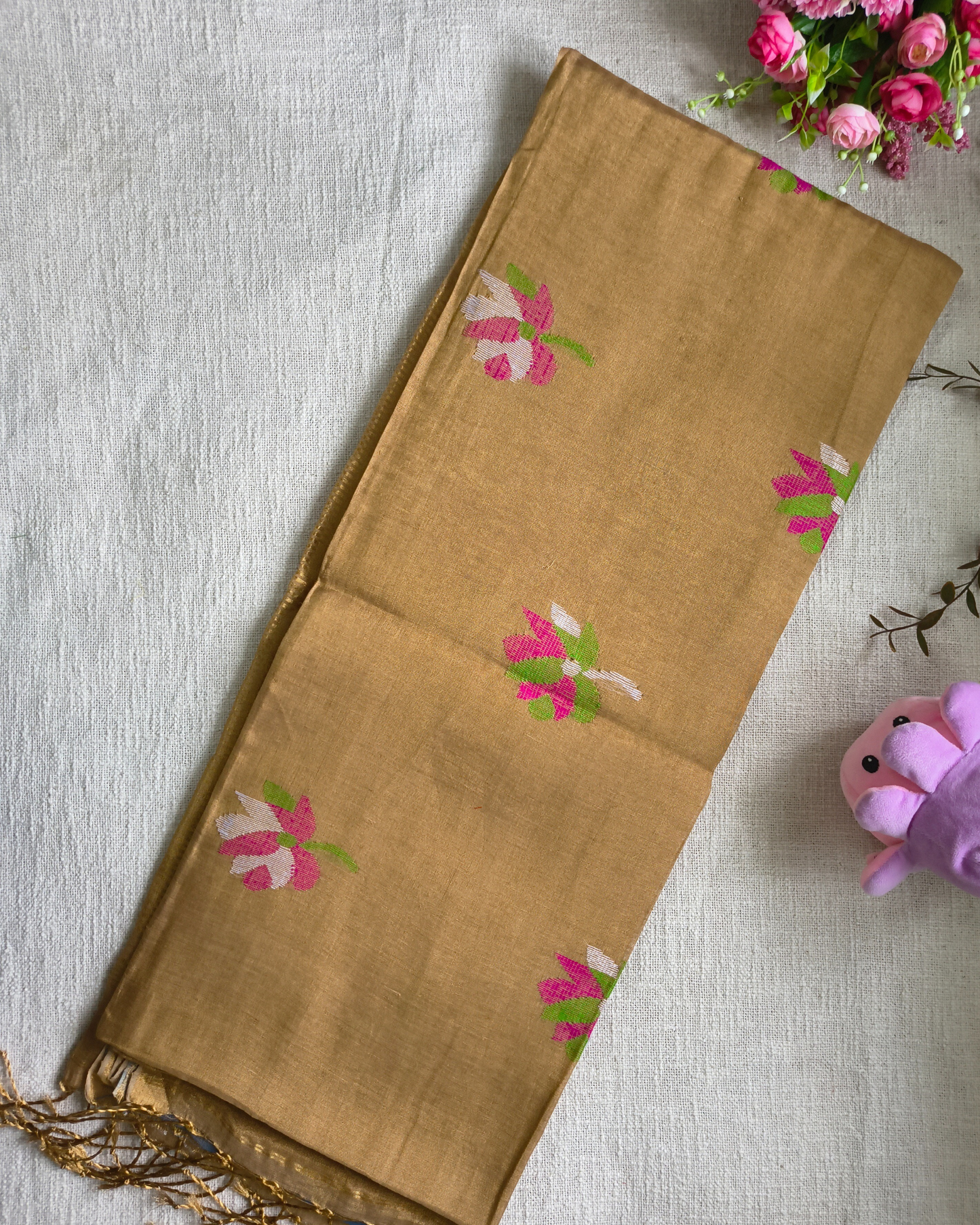 Handloom Tussar Tissue with Jamdhani Woven Design - Golden