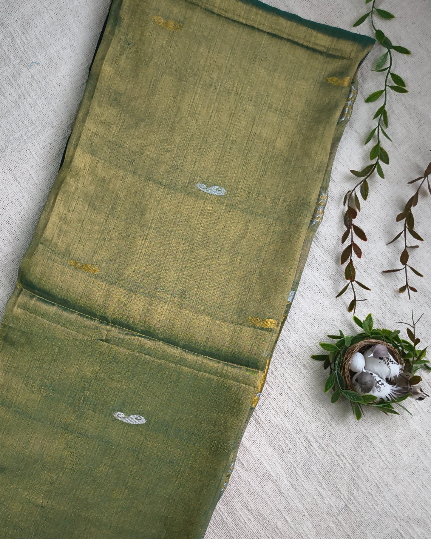 Soft Linen Tissue Saree with Golden Silver Zari weaving - Olive Gray