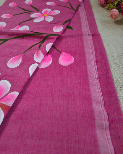 Soft Cotton Handloom Saree with Hand-Painted Floral Design - Onion Pink
