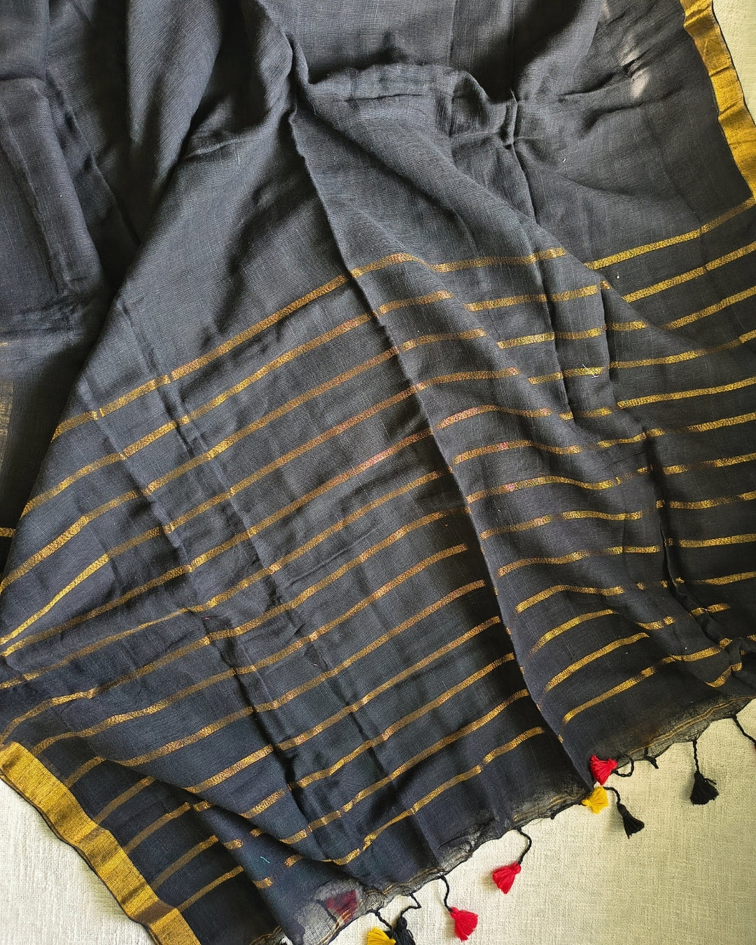 Pure Linen Handloom Saree Plain - Black