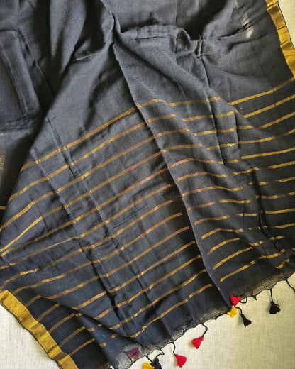 Pure Linen Handloom Saree Plain - Black