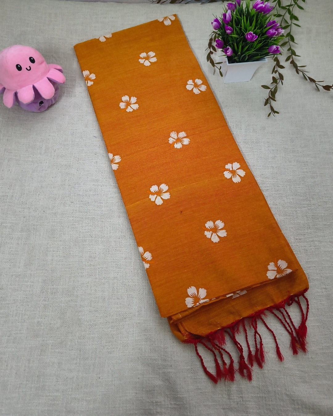 Khadi Cotton Handloom Saree Floral Painted - Sunset Orange