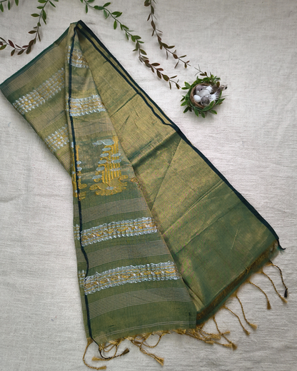 Soft Linen Tissue Saree with Golden Silver Zari weaving - Olive Gray