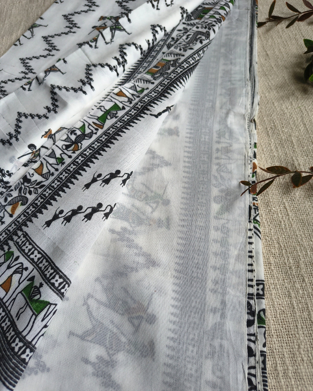 Khadi Cotton Handloom Saree - Madhubani Design - White