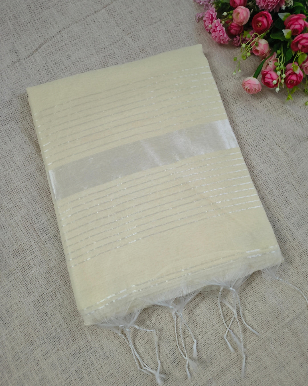 Cotton Silk Handloom Saree Woven with Silver Zari - Milk White