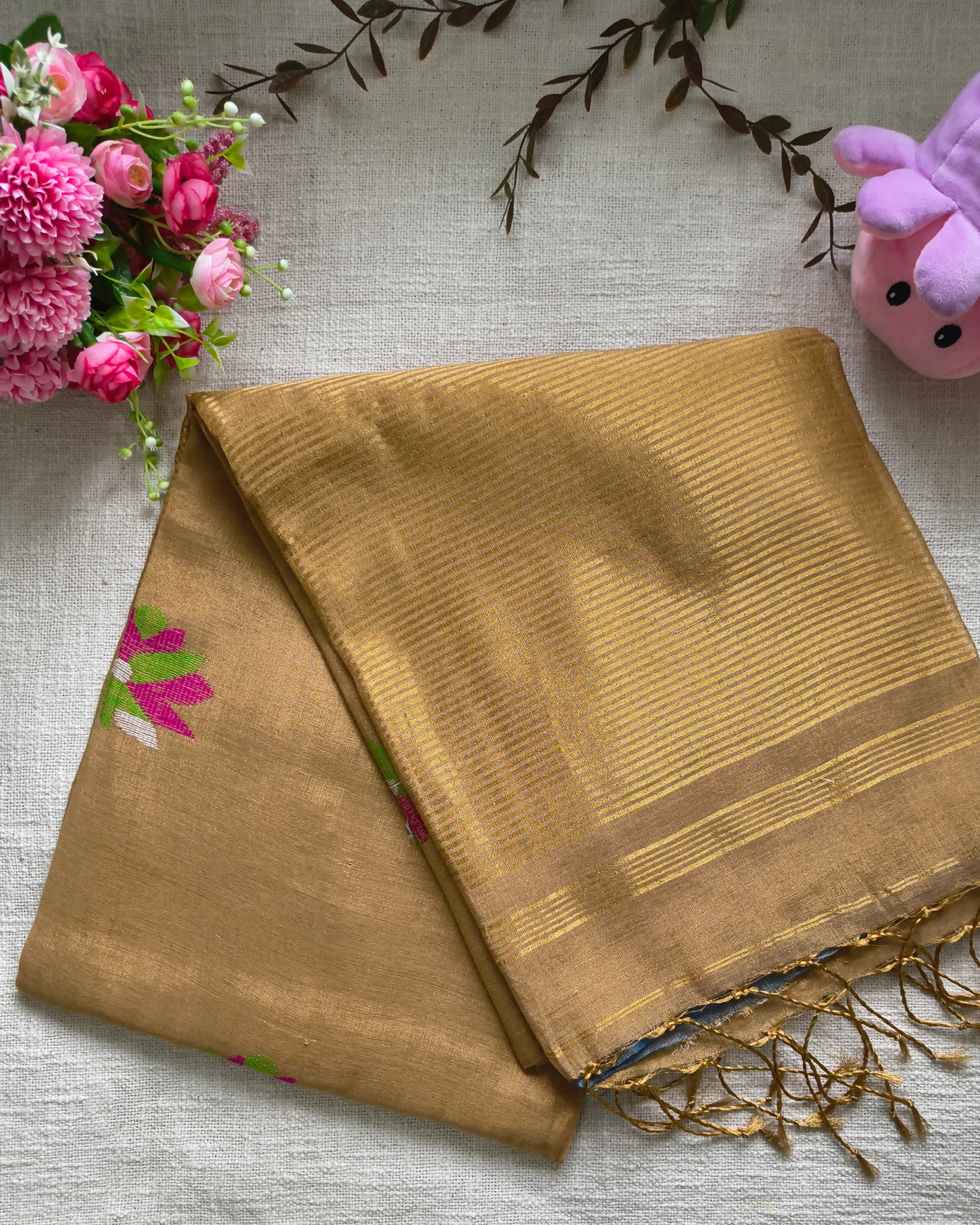 Handloom Tussar Tissue with Jamdhani Woven Design - Golden