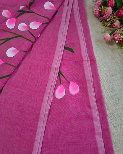 Soft Cotton Handloom Saree with Hand-Painted Floral Design - Onion Pink
