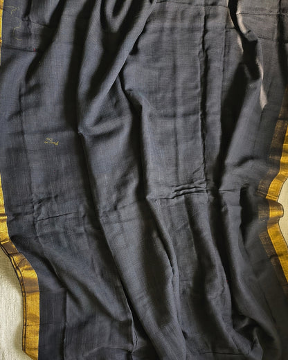 Pure Linen Handloom Saree Plain - Black