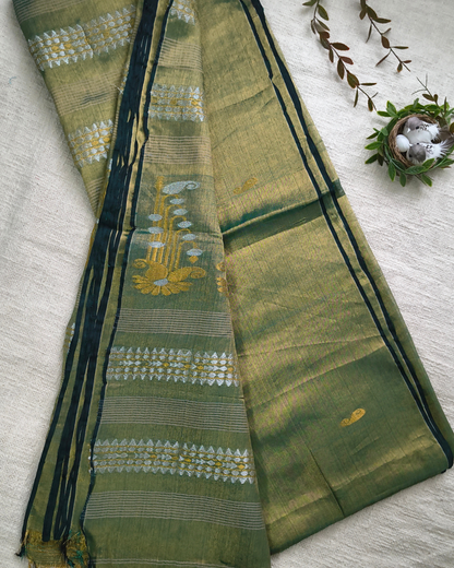 Soft Linen Tissue Saree with Golden Silver Zari weaving - Olive Gray