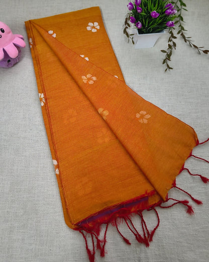 Khadi Cotton Handloom Saree Floral Painted - Sunset Orange