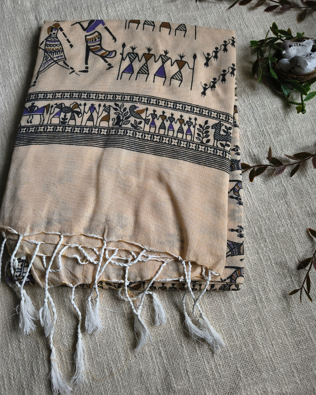 Khadi Cotton Handloom Saree - Madhubani Design - Sandal