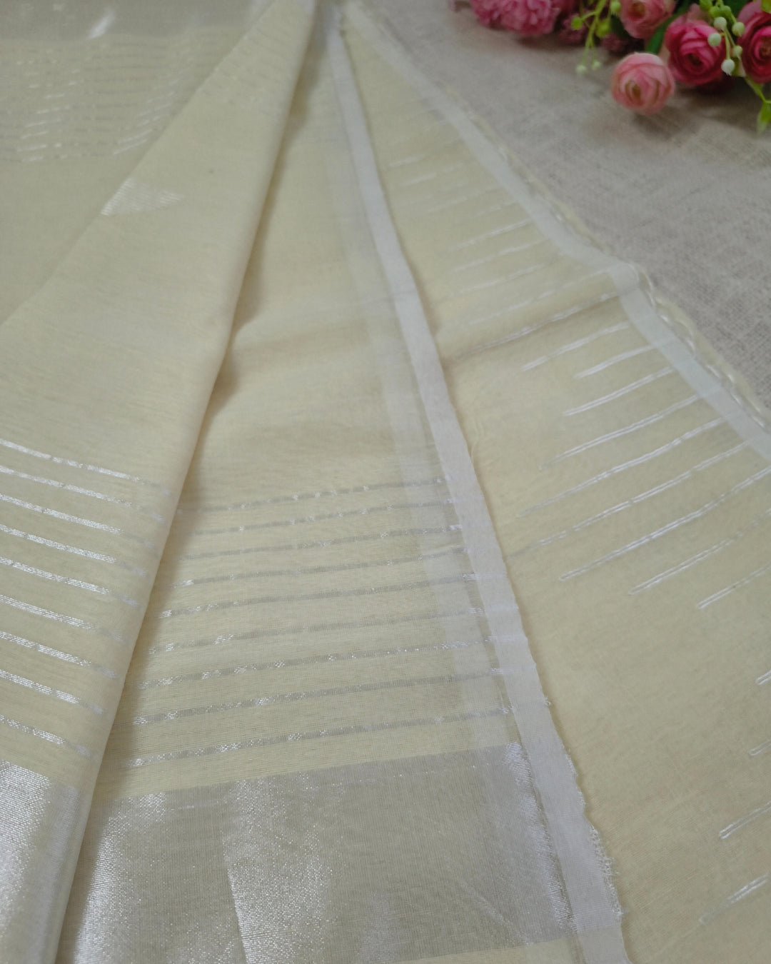 Cotton Silk Handloom Saree Woven with Silver Zari - Milk White