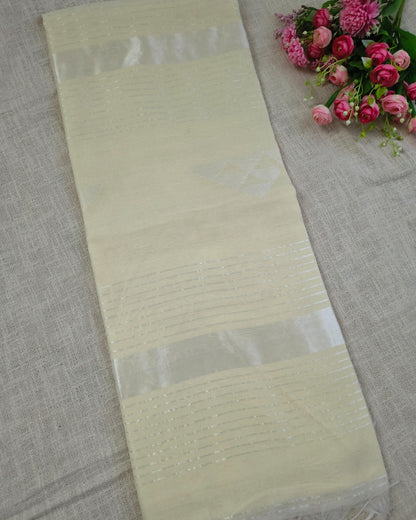Cotton Silk Handloom Saree Woven with Silver Zari - Milk White