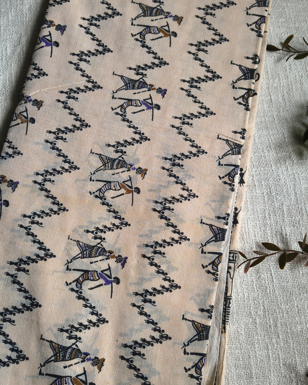 Khadi Cotton Handloom Saree - Madhubani Design - Sandal