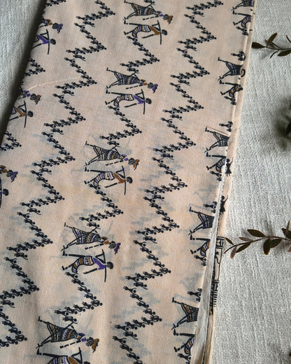 Khadi Cotton Handloom Saree - Madhubani Design - Sandal