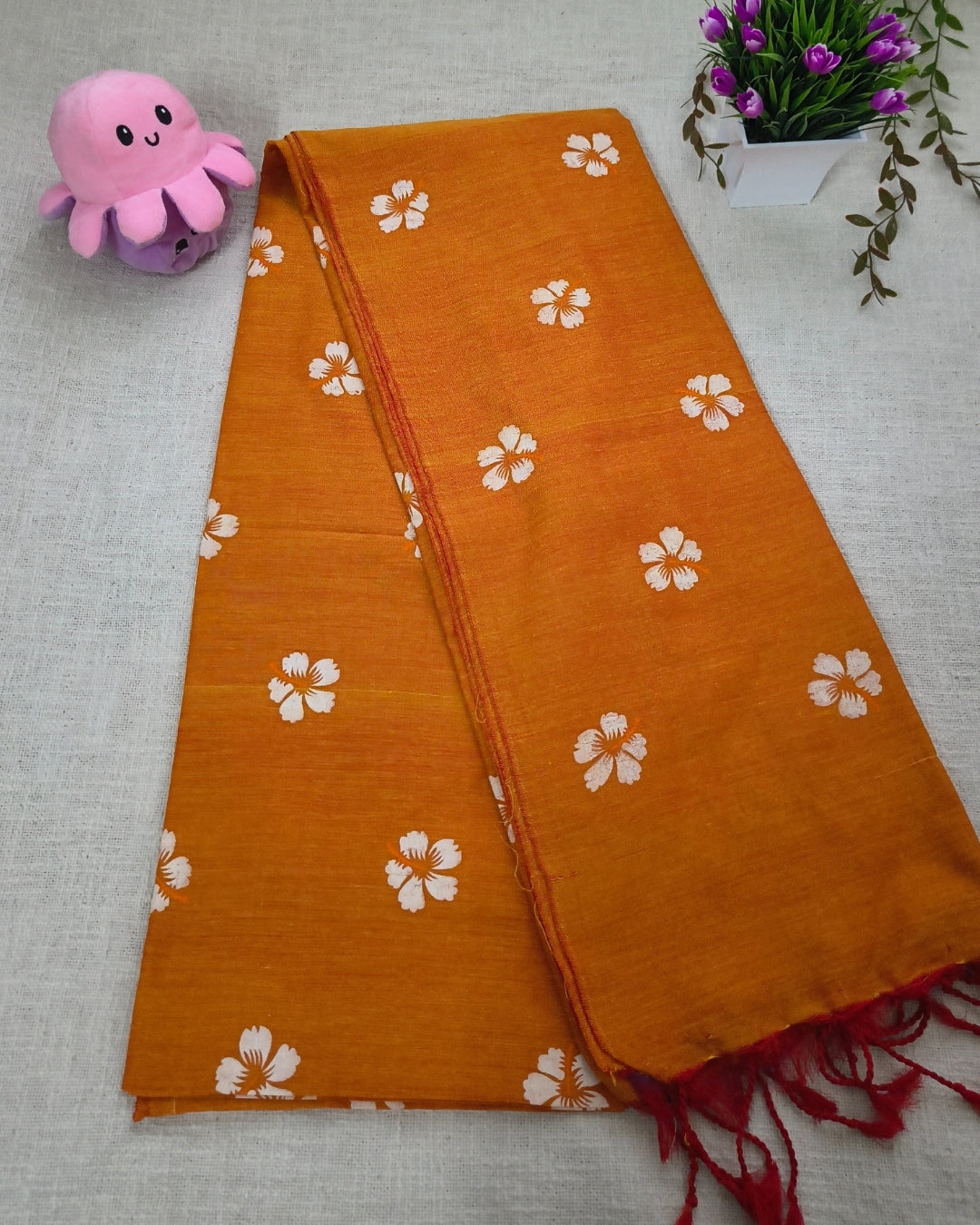 Khadi Cotton Handloom Saree Floral Painted - Sunset Orange