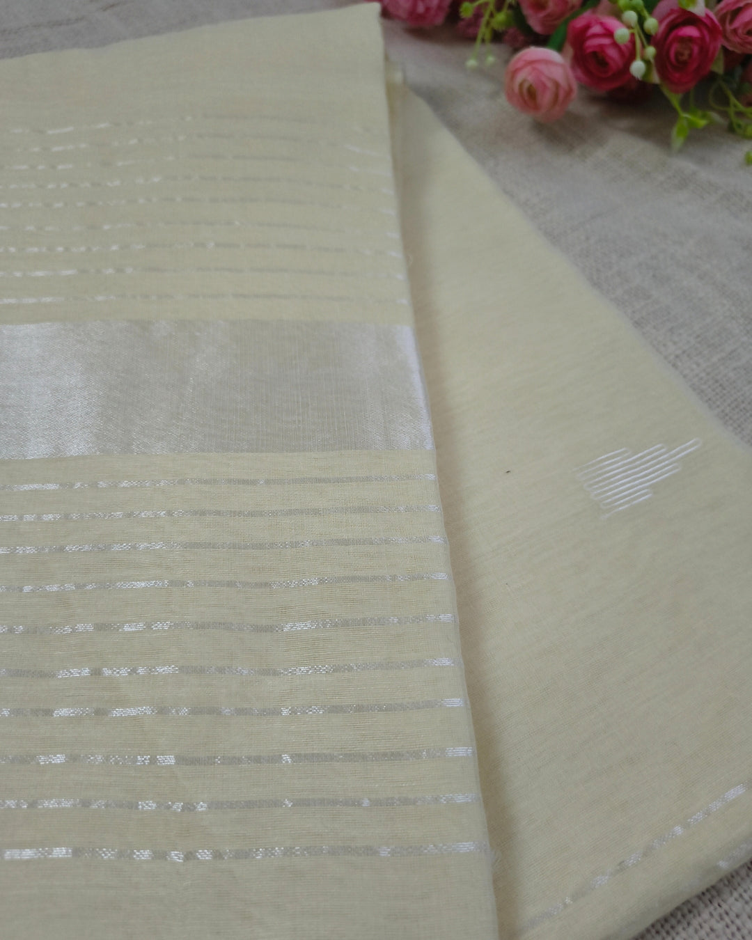 Cotton Silk Handloom Saree Woven with Silver Zari - Milk White