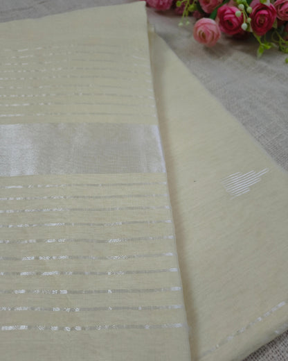 Cotton Silk Handloom Saree Woven with Silver Zari - Milk White