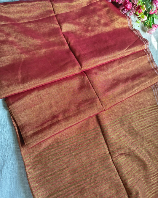 Linen Tissue Saree Plain - Orange Dual Shade MammaHug