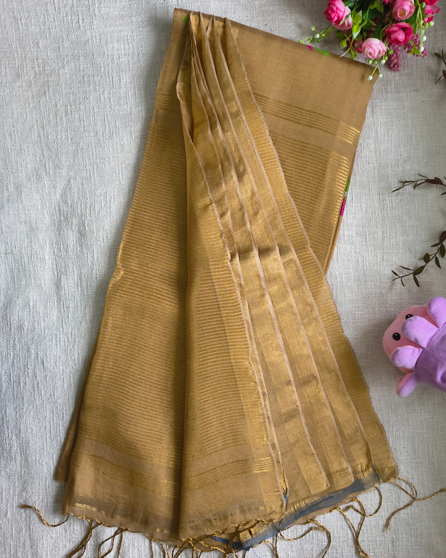 Handloom Tussar Tissue with Jamdhani Woven Design - Golden