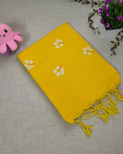 Khadi Cotton Handloom Saree Floral Painted - Yellow