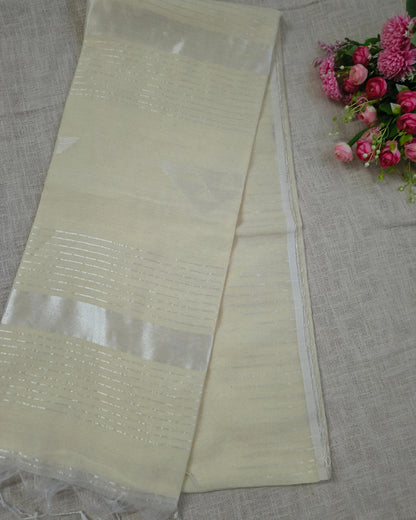 Cotton Silk Handloom Saree Woven with Silver Zari - Milk White