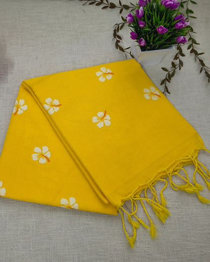 Khadi Cotton Handloom Saree Floral Painted - Yellow