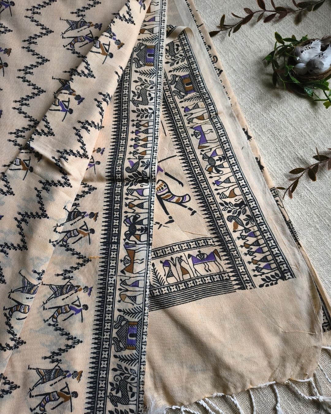Khadi Cotton Handloom Saree - Madhubani Design - Sandal