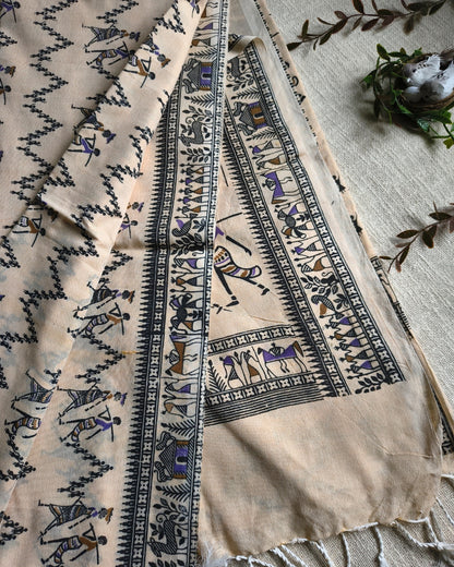 Khadi Cotton Handloom Saree - Madhubani Design - Sandal