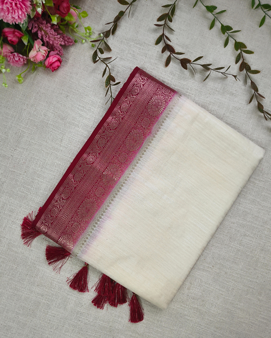 Tussar Matka Silk Saree with Contrast Pallu - White