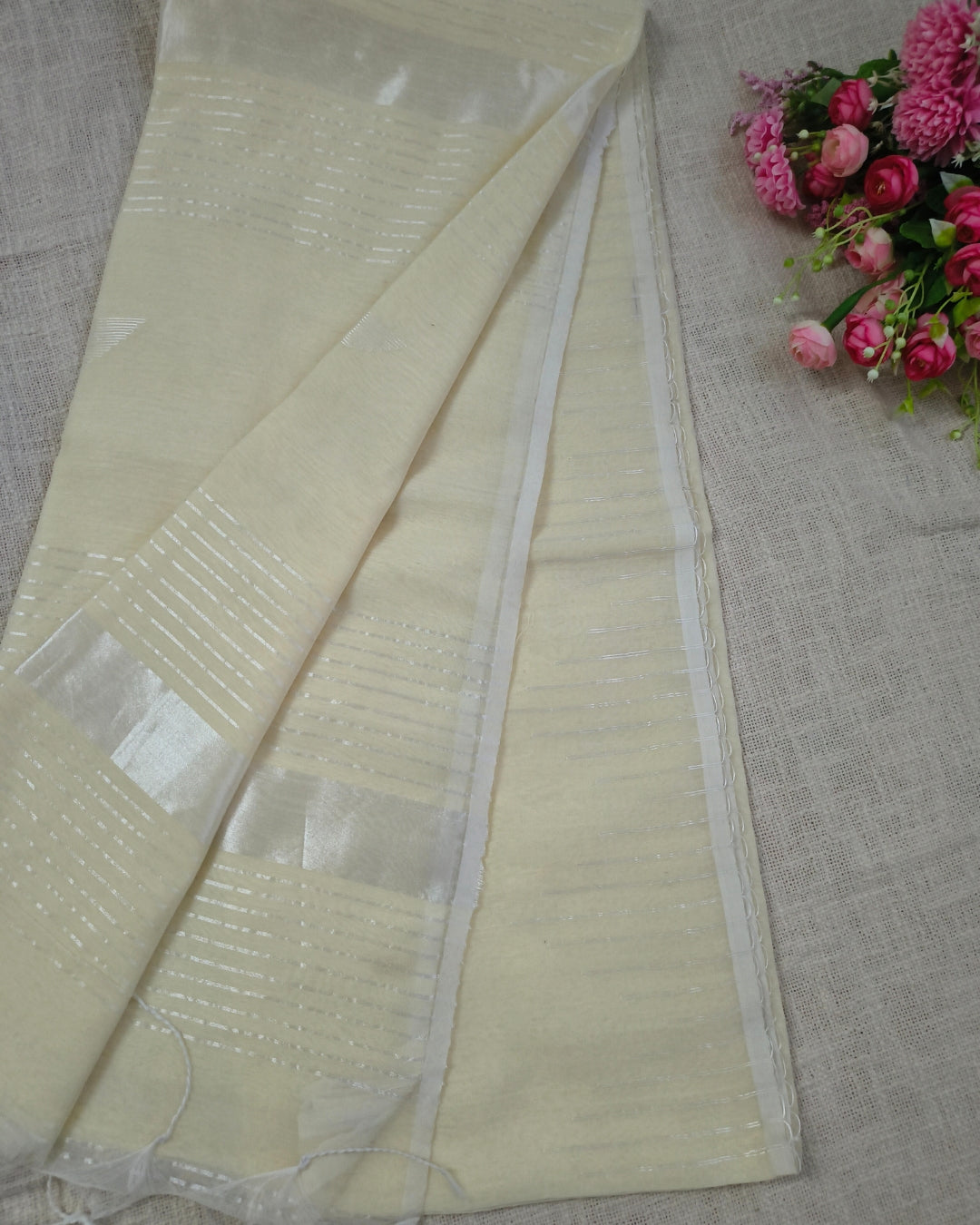 Cotton Silk Handloom Saree Woven with Silver Zari - Milk White