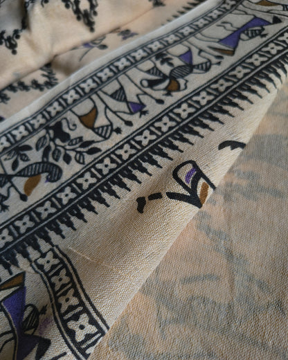 Khadi Cotton Handloom Saree - Madhubani Design - Sandal