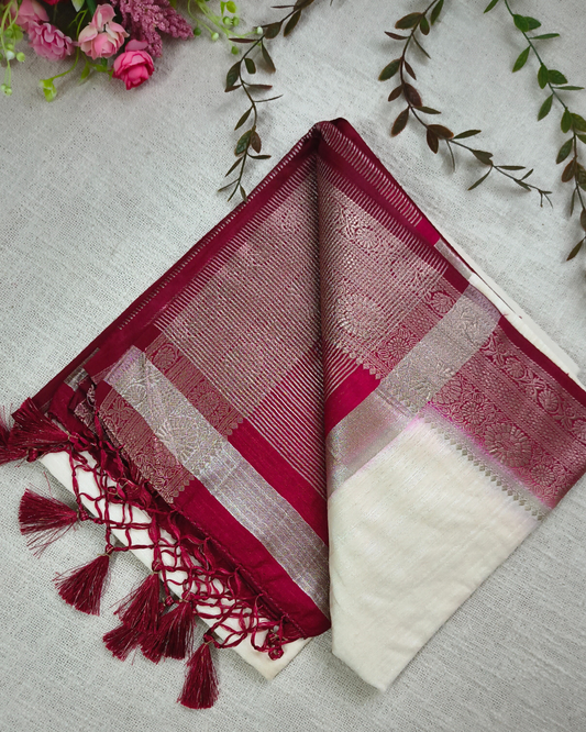 Tussar Matka Silk Saree with Contrast Pallu - White
