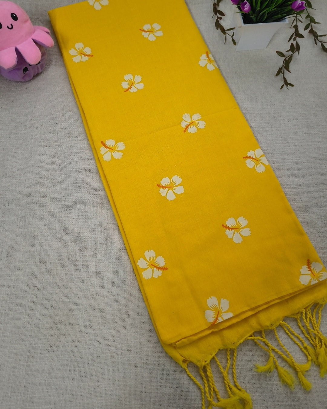 Khadi Cotton Handloom Saree Floral Painted - Yellow