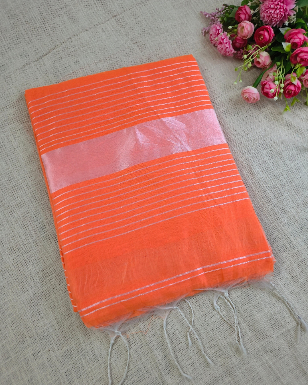 Cotton Silk Handloom Saree Woven with Silver Zari - Orange