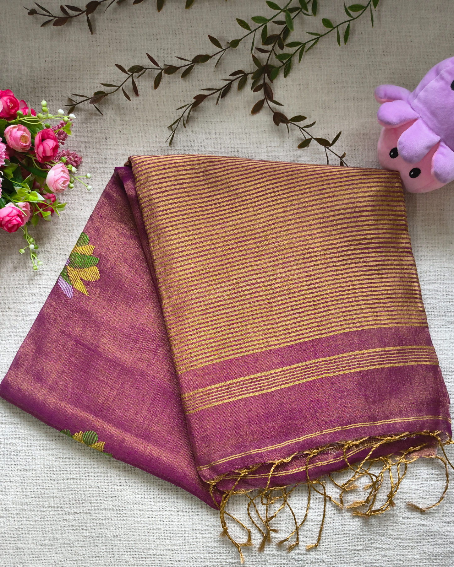 Handloom Tussar Tissue with Jamdhani Woven Design - Mauve Pink