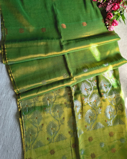 Soft Linen Tissue Saree with Golden Silver Zari weaving - Flower Butta - Golden Green MammaHug