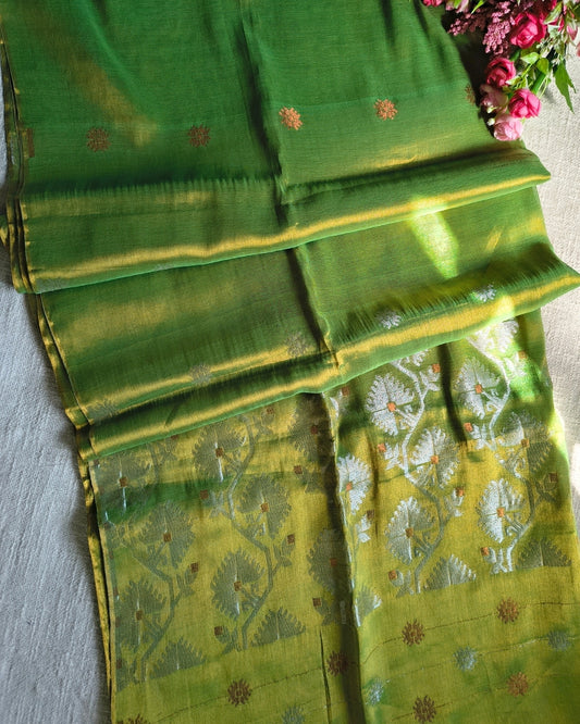 Soft Linen Tissue Saree with Golden Silver Zari weaving - Flower Butta - Golden Green MammaHug