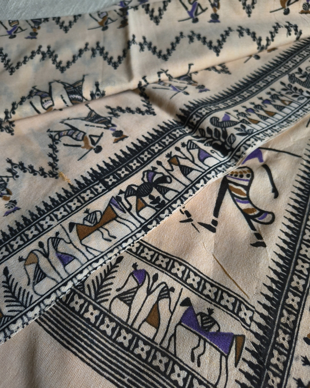 Khadi Cotton Handloom Saree - Madhubani Design - Sandal