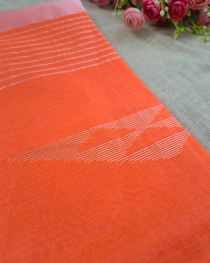 Cotton Silk Handloom Saree Woven with Silver Zari - Orange