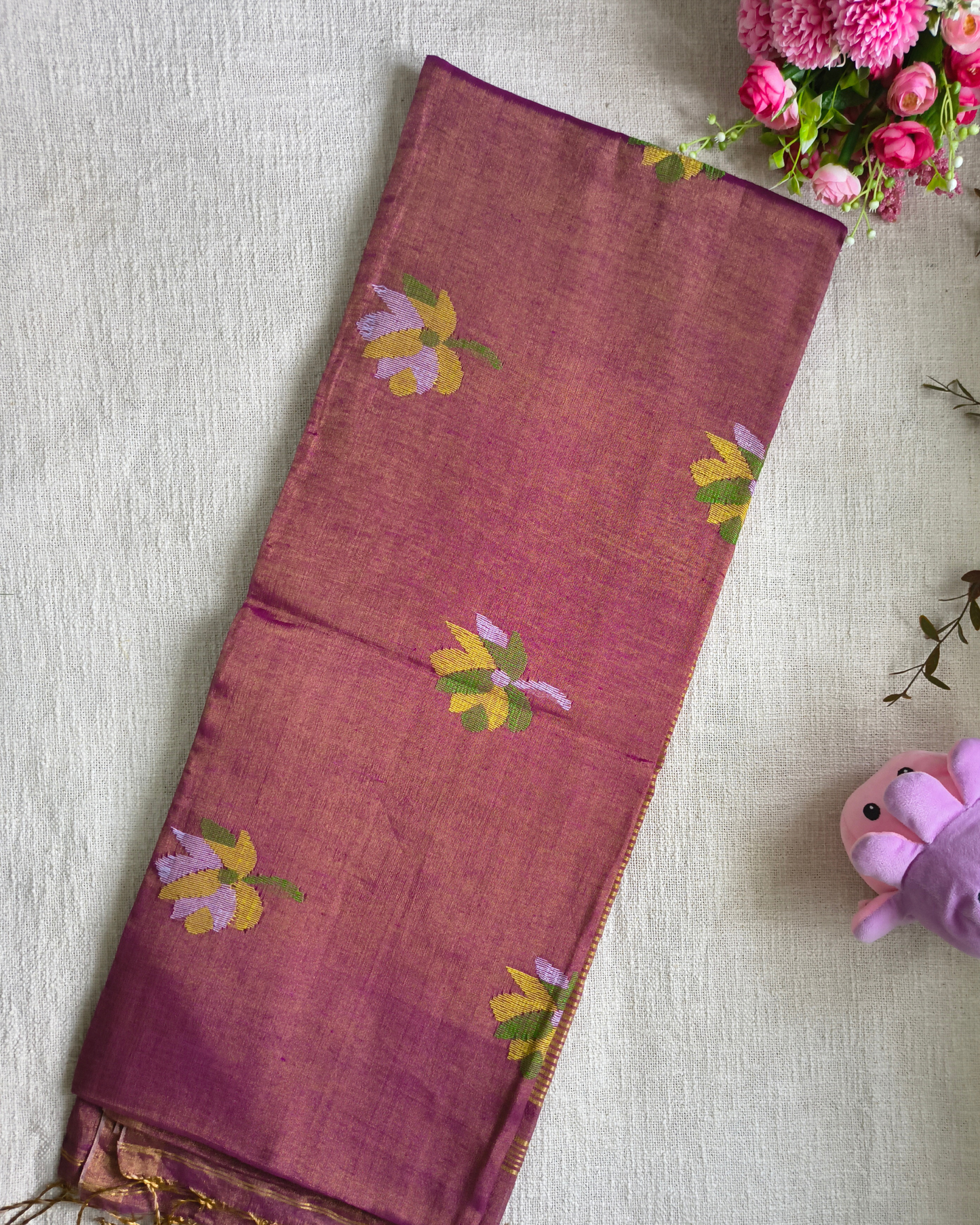 Handloom Tussar Tissue with Jamdhani Woven Design - Mauve Pink