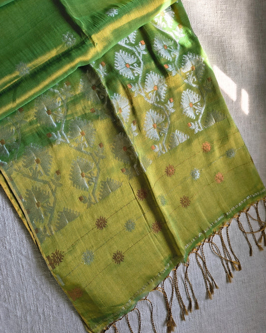 Soft Linen Tissue Saree with Golden Silver Zari weaving - Flower Butta - Golden Green MammaHug