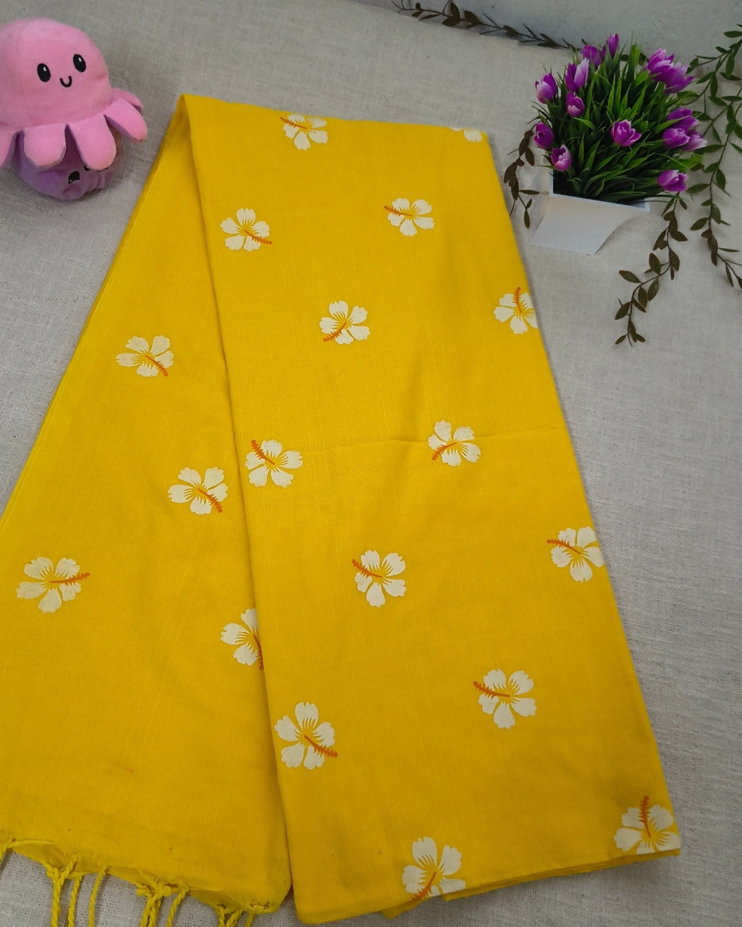 Khadi Cotton Handloom Saree Floral Painted - Yellow