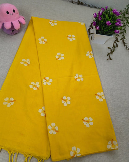 Khadi Cotton Handloom Saree Floral Painted - Yellow