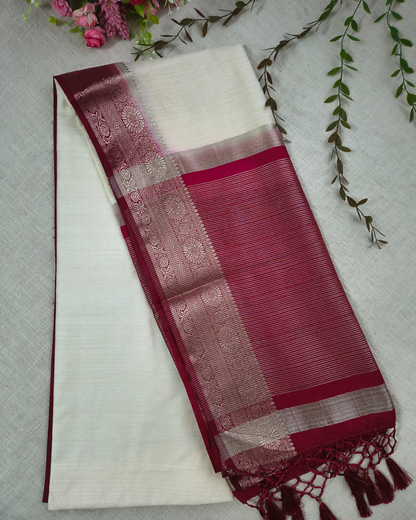 Tussar Matka Silk Saree with Contrast Pallu - White