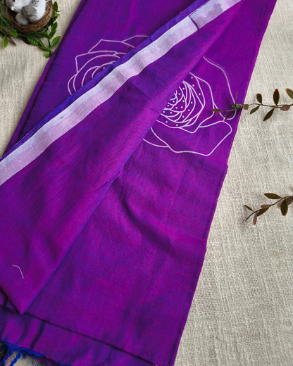 Khadi Cotton Handloom Saree with Printed Floral Design - Dark Purple