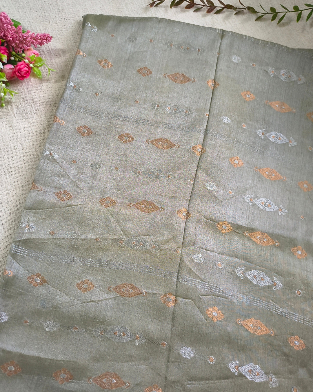 Soft Linen Tissue Saree with Golden Silver Zari weaving - Silver