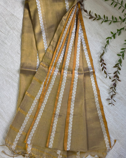 Soft Linen Tissue Saree with Golden Zari weaving - Golden